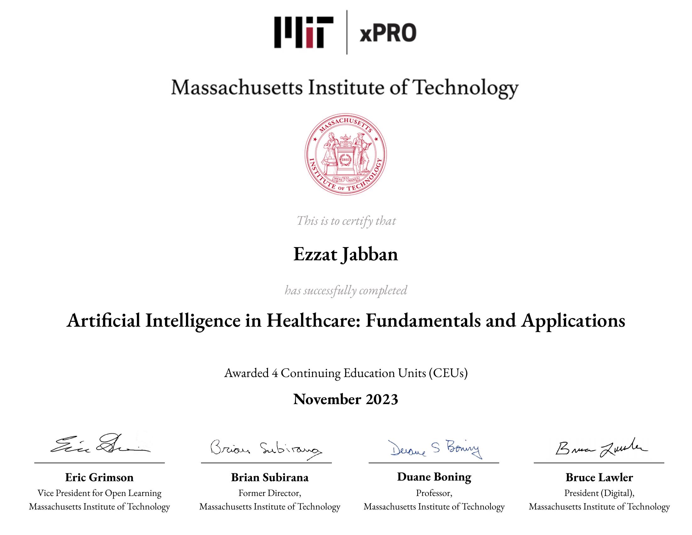 MIT xPRO certificate, Artificial Intelligence in Healthcare and Applications